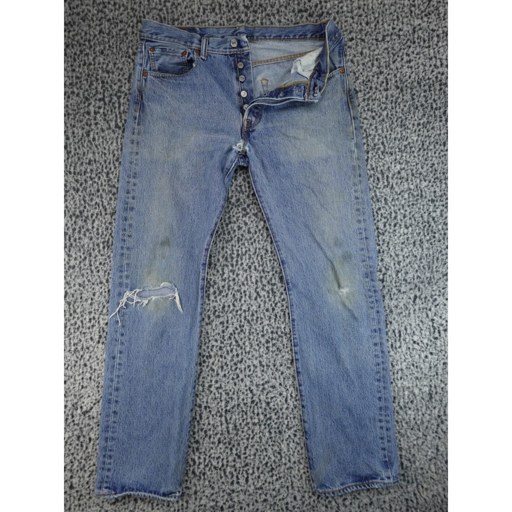 Levis 501 Button Fly Mens 32x32 Blue Distressed Denim Jeans 00501-0193